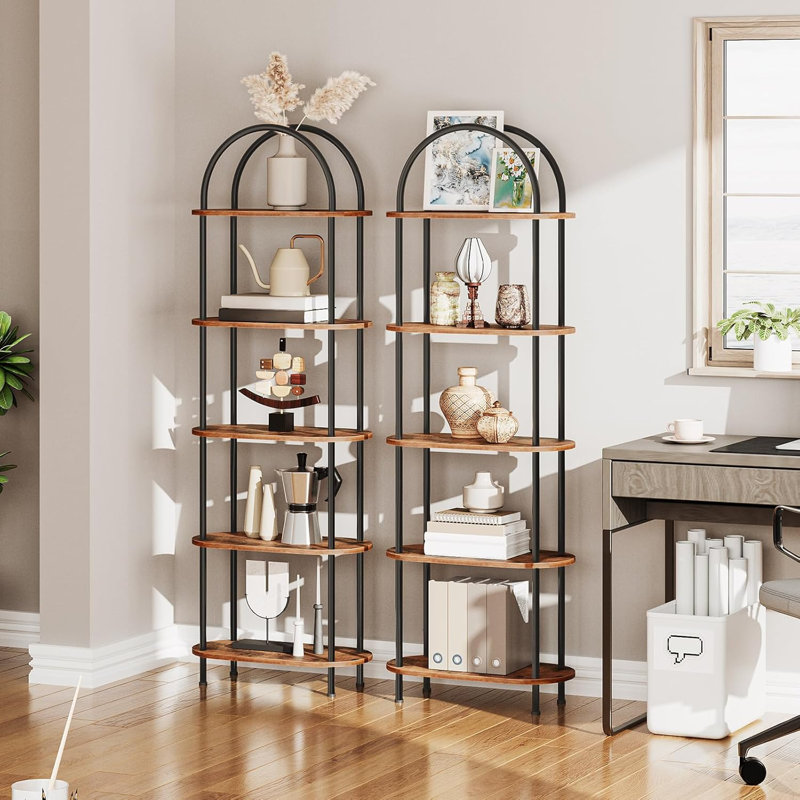 5 Tier Open Bookshelf Industrial Arched Bookcase Display Shelf Racks Wooden Bookcase Storage Shelves Metal Frame Tall Storage Organizer For Home